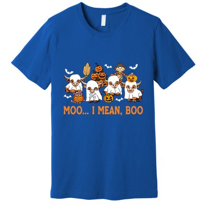 Moo I Mean Boo Ghost Highland Cow Halloween Costume Gift Premium T-Shirt