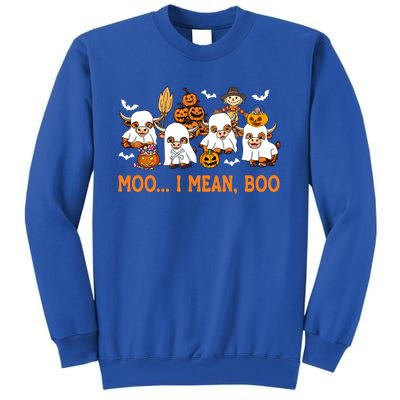 Moo I Mean Boo Ghost Highland Cow Halloween Costume Gift Tall Sweatshirt