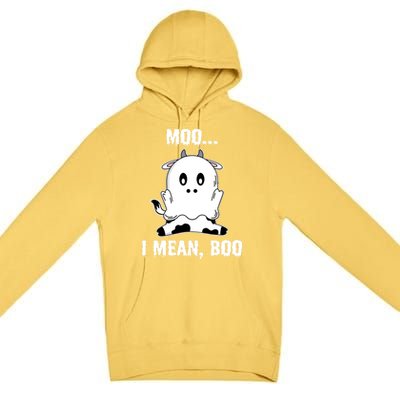 Moo I Mean Boo Funny Ghost Cow Print Halloween Gift Premium Pullover Hoodie