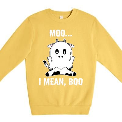 Moo I Mean Boo Funny Ghost Cow Print Halloween Gift Premium Crewneck Sweatshirt