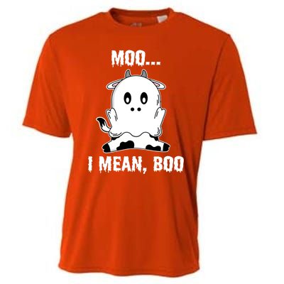 Moo I Mean Boo Funny Ghost Cow Print Halloween Gift Cooling Performance Crew T-Shirt