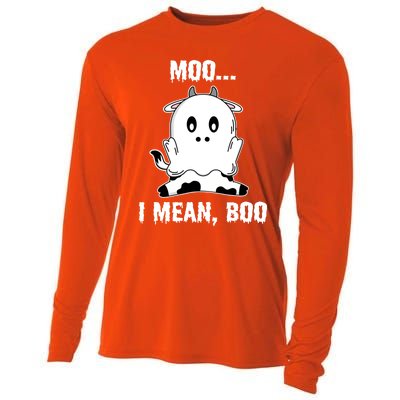 Moo I Mean Boo Funny Ghost Cow Print Halloween Gift Cooling Performance Long Sleeve Crew