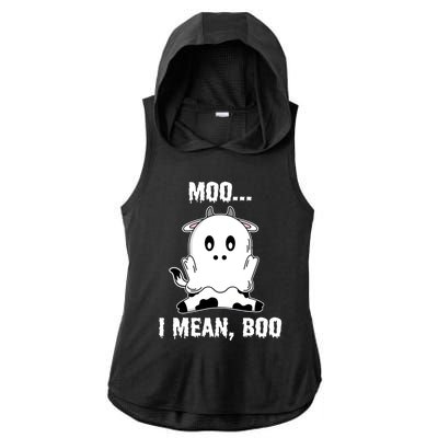 Moo I Mean Boo Funny Ghost Cow Print Halloween Gift Ladies PosiCharge Tri-Blend Wicking Draft Hoodie Tank