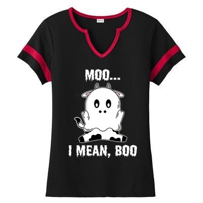 Moo I Mean Boo Funny Ghost Cow Print Halloween Gift Ladies Halftime Notch Neck Tee