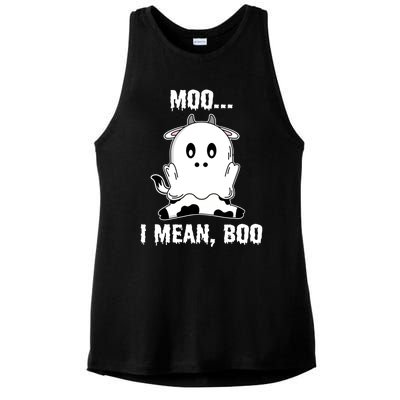 Moo I Mean Boo Funny Ghost Cow Print Halloween Gift Ladies PosiCharge Tri-Blend Wicking Tank