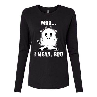 Moo I Mean Boo Funny Ghost Cow Print Halloween Gift Womens Cotton Relaxed Long Sleeve T-Shirt