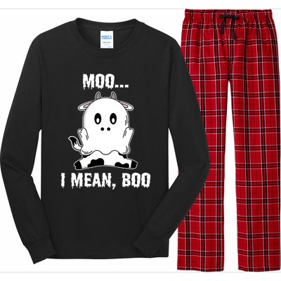 Moo I Mean Boo Funny Ghost Cow Print Halloween Gift Long Sleeve Pajama Set