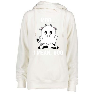 Moo I Mean Boo Funny Ghost Cow Print Halloween Gift Womens Funnel Neck Pullover Hood