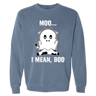 Moo I Mean Boo Funny Ghost Cow Print Halloween Gift Garment-Dyed Sweatshirt