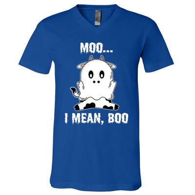 Moo I Mean Boo Funny Ghost Cow Print Halloween Gift V-Neck T-Shirt