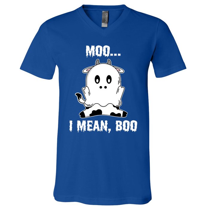 Moo I Mean Boo Funny Ghost Cow Print Halloween Gift V-Neck T-Shirt