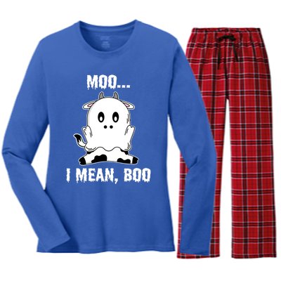 Moo I Mean Boo Funny Ghost Cow Print Halloween Gift Women's Long Sleeve Flannel Pajama Set 