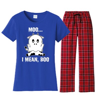 Moo I Mean Boo Funny Ghost Cow Print Halloween Gift Women's Flannel Pajama Set