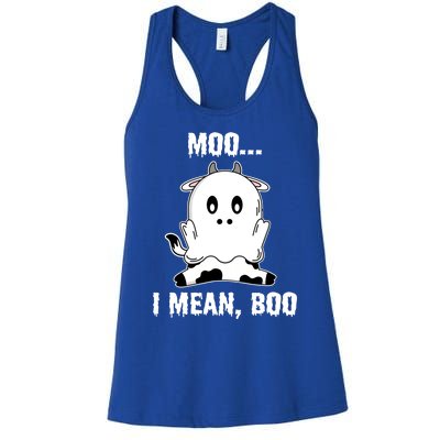 Moo I Mean Boo Funny Ghost Cow Print Halloween Gift Women's Racerback Tank