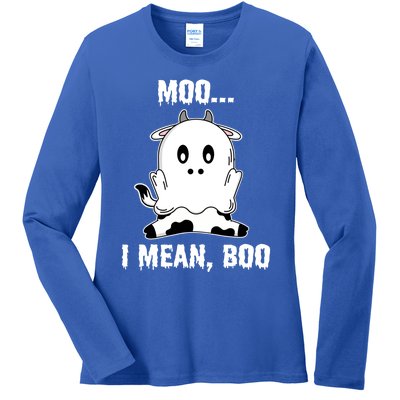 Moo I Mean Boo Funny Ghost Cow Print Halloween Gift Ladies Long Sleeve Shirt