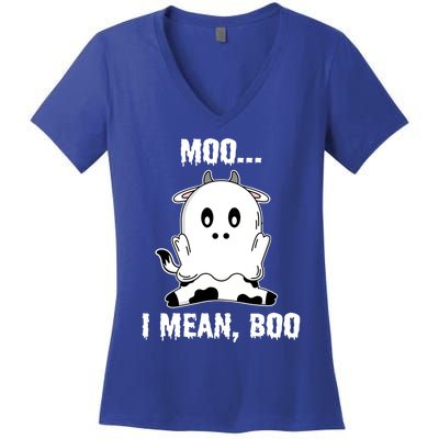 Moo I Mean Boo Funny Ghost Cow Print Halloween Gift Women's V-Neck T-Shirt