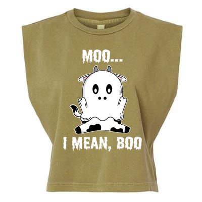 Moo I Mean Boo Funny Ghost Cow Print Halloween Gift Garment-Dyed Women's Muscle Tee