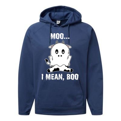 Moo I Mean Boo Funny Ghost Cow Print Halloween Gift Performance Fleece Hoodie