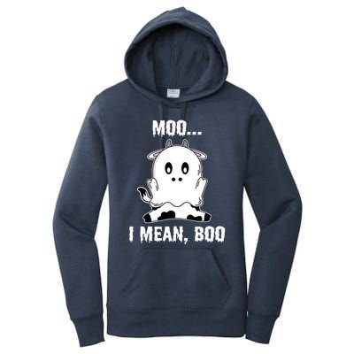 Moo I Mean Boo Funny Ghost Cow Print Halloween Gift Women's Pullover Hoodie