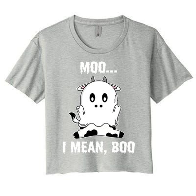 Moo I Mean Boo Funny Ghost Cow Print Halloween Gift Women's Crop Top Tee