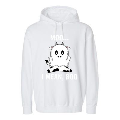 Moo I Mean Boo Funny Ghost Cow Print Halloween Gift Garment-Dyed Fleece Hoodie