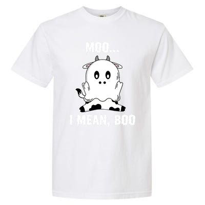 Moo I Mean Boo Funny Ghost Cow Print Halloween Gift Garment-Dyed Heavyweight T-Shirt