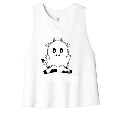 Moo I Mean Boo Funny Ghost Cow Print Halloween Gift Women's Racerback Cropped Tank