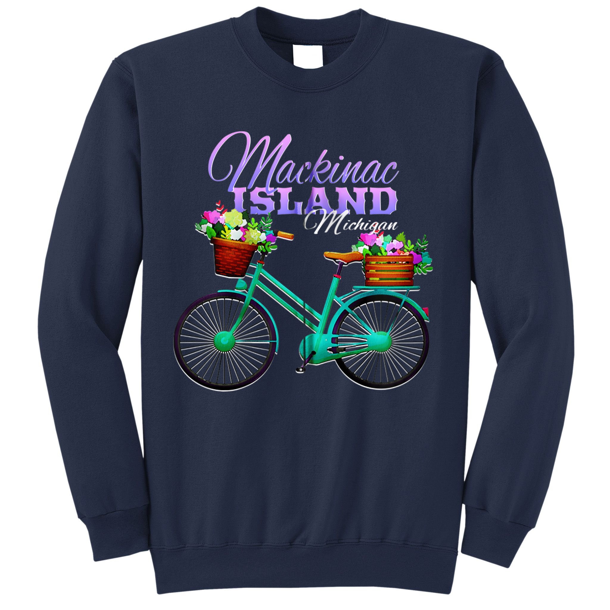 Mackinac Island Michigan Gift Vintage Bike Flowers Zip Hoodie Sweatshirt