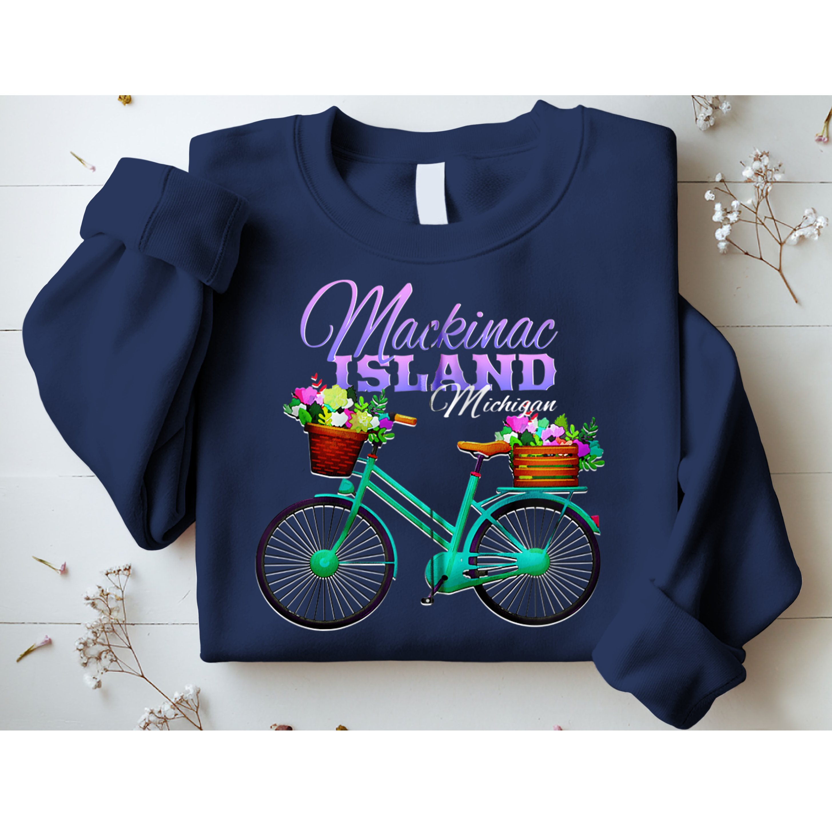 Mackinac Island Michigan Gift Vintage Bike Flowers Zip Hoodie Sweatshirt