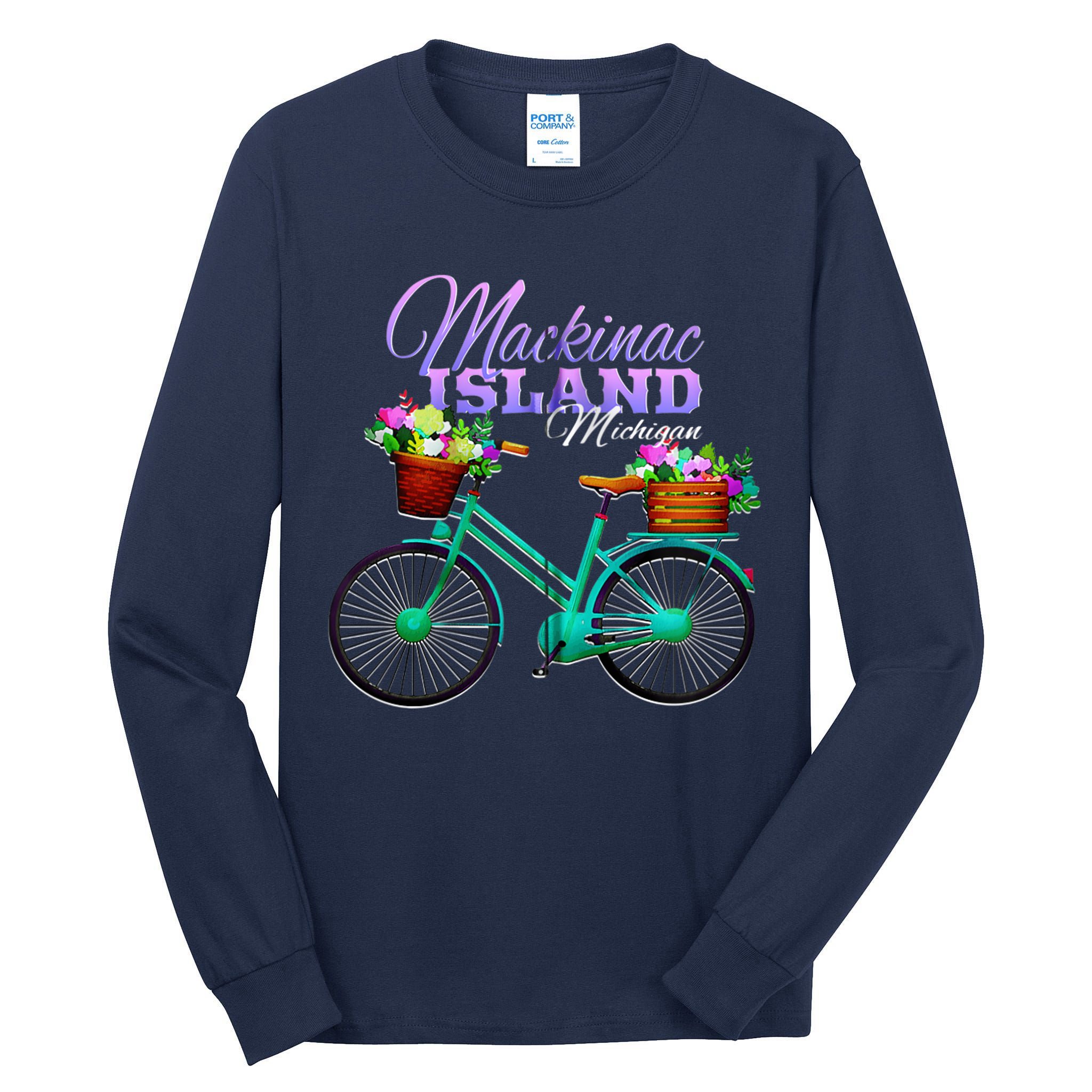Mackinac Island Michigan Gift Vintage Bike Flowers Zip Hoodie Tall Long Sleeve T-Shirt