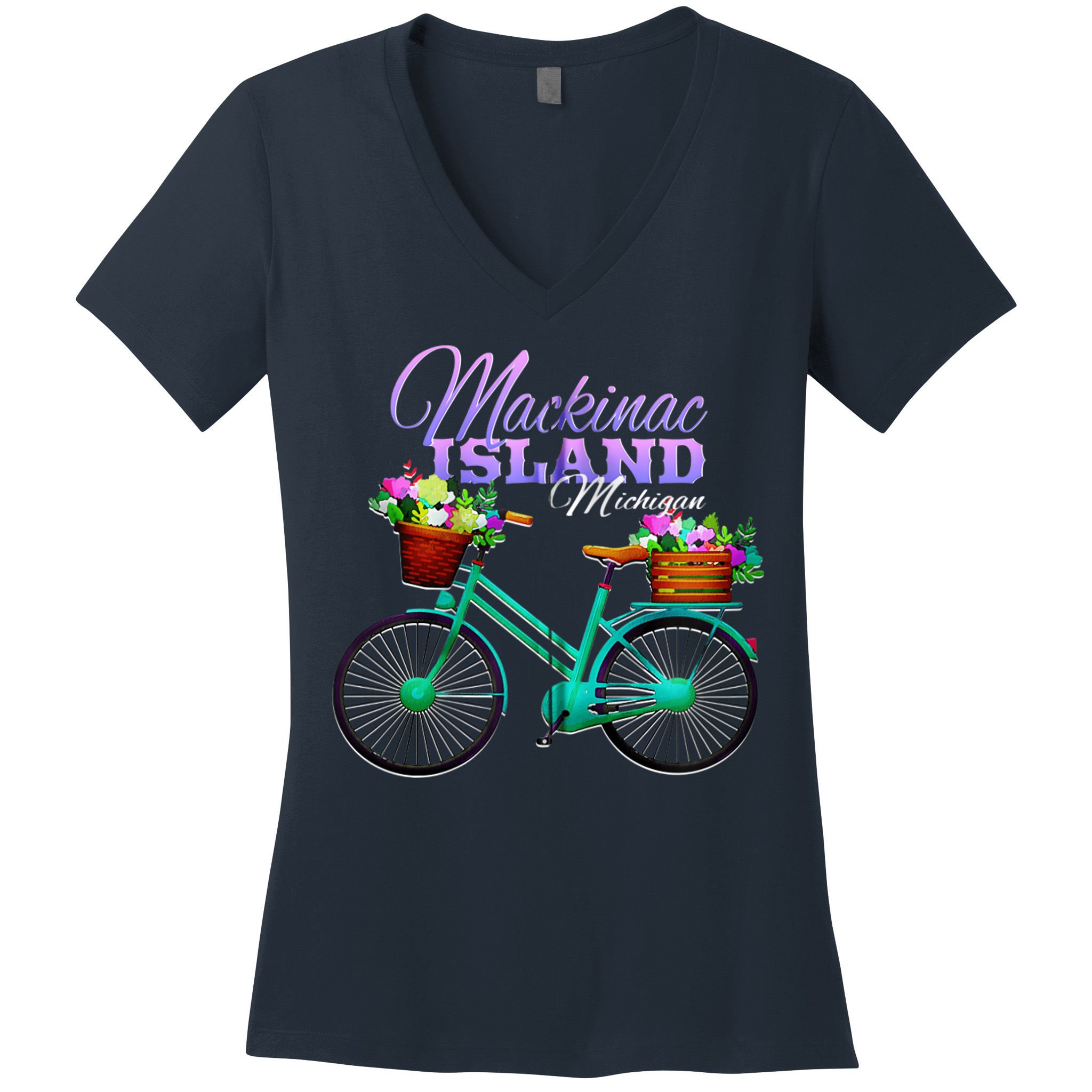 Mackinac Island Michigan Gift Vintage Bike Flowers Zip Hoodie Women's V-Neck T-Shirt