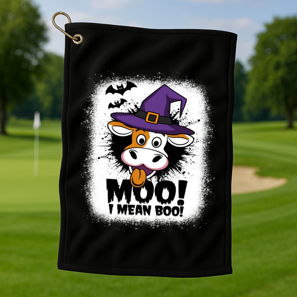 Moo I Mean Boo Funny Ghost Cows Halloween Highland Cow Gift Golf Towel