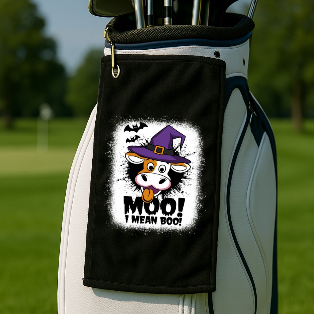 Moo I Mean Boo Funny Ghost Cows Halloween Highland Cow Gift Golf Towel