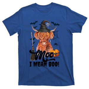 Moo I Mean Boo Witch Scottish Highland Cow Halloween Costume Cute Gift T-Shirt