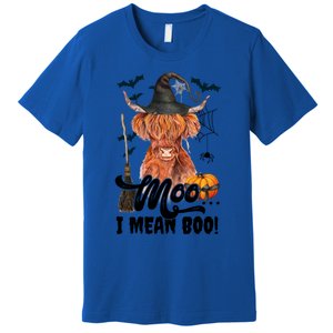 Moo I Mean Boo Witch Scottish Highland Cow Halloween Costume Cute Gift Premium T-Shirt