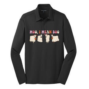 Moo I Mean Boo Ghost Cow Farmer Halloween Party Gift Silk Touch Performance Long Sleeve Polo