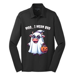 Moo I Mean Boo Ghost Cow Funny Halloween Cow Lover Cool Gift Silk Touch Performance Long Sleeve Polo