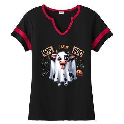 Moo I Mean Boo Ghost Cow Funny Halloween Cool Gift Ladies Halftime Notch Neck Tee