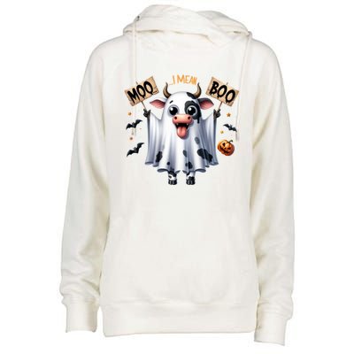 Moo I Mean Boo Ghost Cow Funny Halloween Cool Gift Womens Funnel Neck Pullover Hood