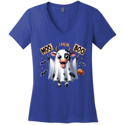 Moo I Mean Boo Ghost Cow Funny Halloween Cool Gift Women's V-Neck T-Shirt