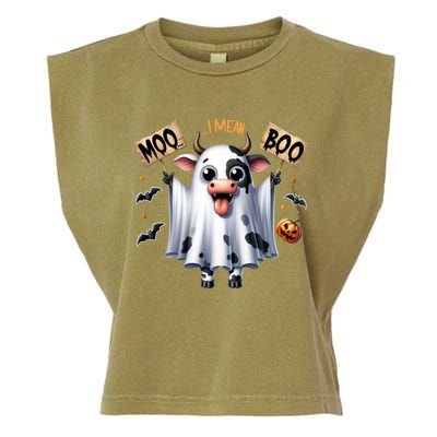 Moo I Mean Boo Ghost Cow Funny Halloween Cool Gift Garment-Dyed Women's Muscle Tee