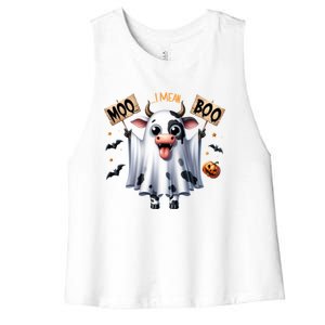 Moo I Mean Boo Ghost Cow Funny Halloween Cool Gift Women's Racerback Cropped Tank