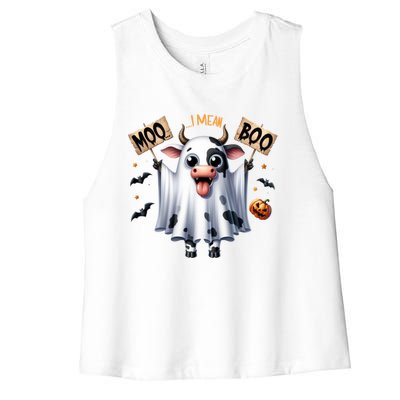 Moo I Mean Boo Ghost Cow Funny Halloween Cool Gift Women's Racerback Cropped Tank