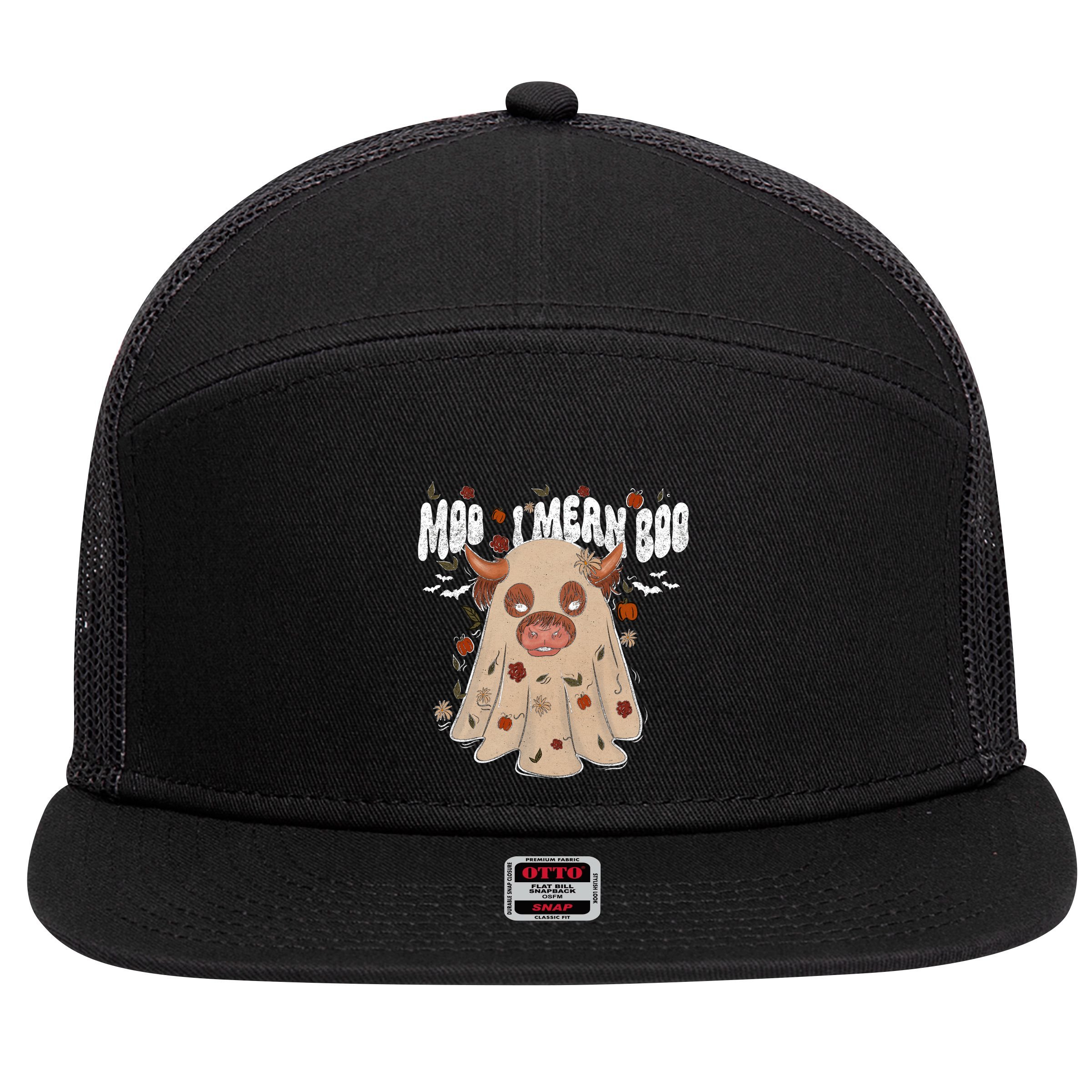 Moo I Mean Boo Funny Halloween Pig Ghost 7 Panel Mesh Trucker Snapback Hat