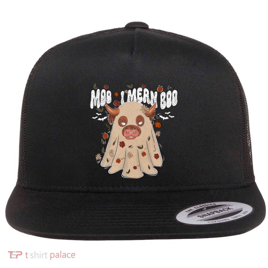 Moo I Mean Boo Funny Halloween Pig Ghost Flat Bill Trucker Hat
