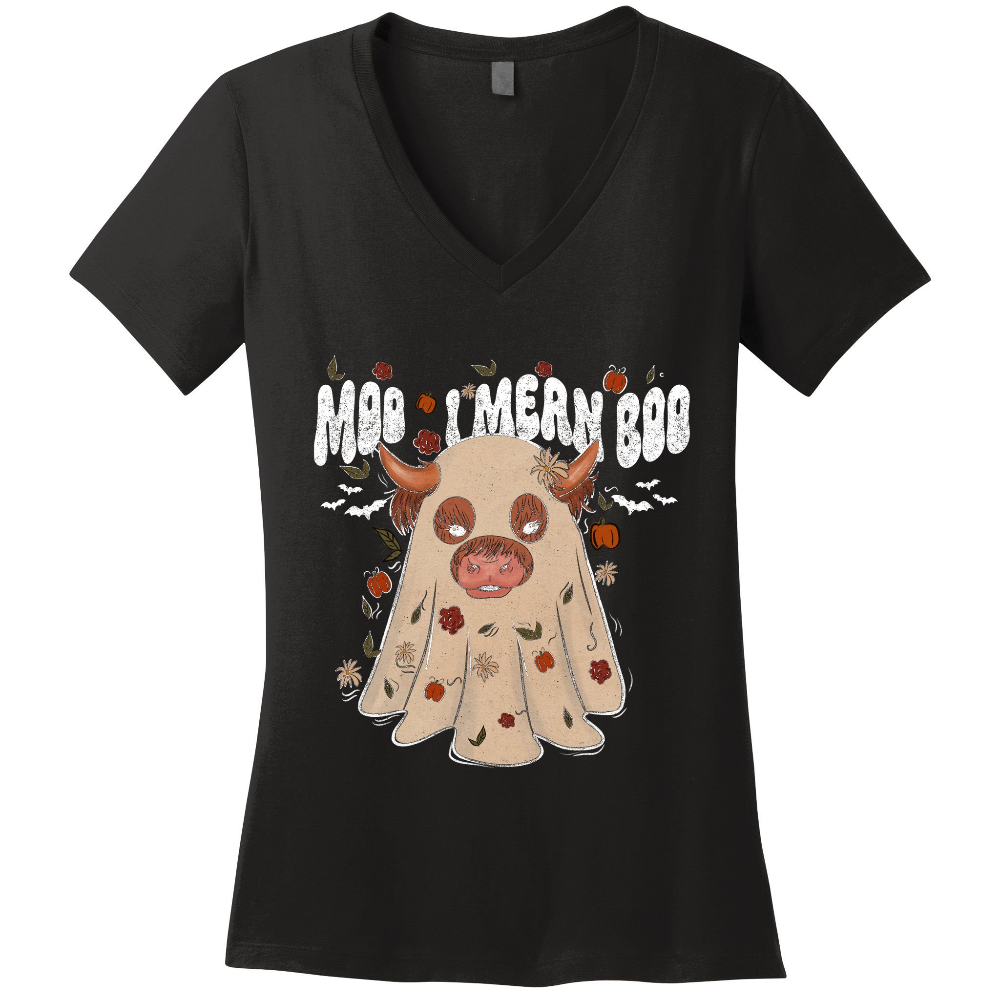 Moo I Mean Boo Funny Halloween Pig Ghost Women's V-Neck T-Shirt