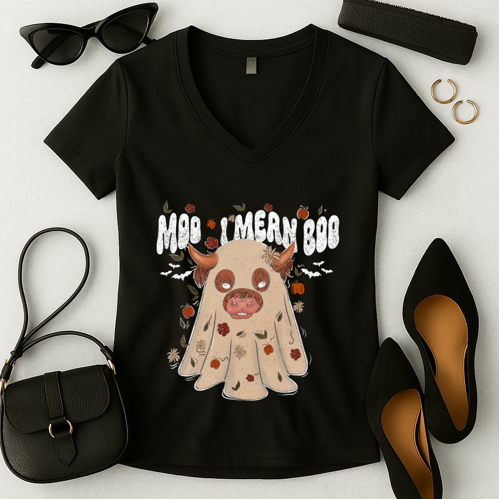 Moo I Mean Boo Funny Halloween Pig Ghost Women's V-Neck T-Shirt