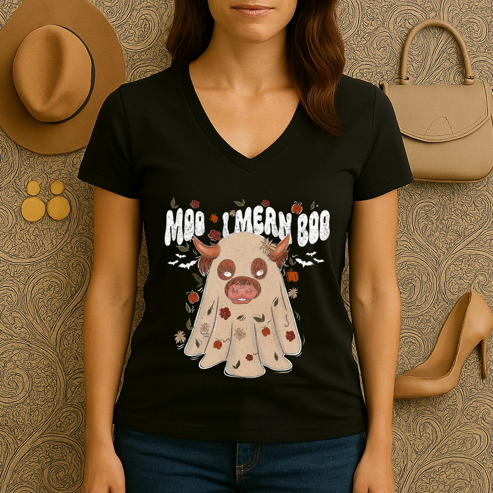 Moo I Mean Boo Funny Halloween Pig Ghost Women's V-Neck T-Shirt