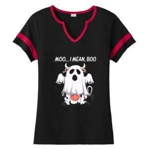 Moo I Mean Boo Ghost Cow Funny Halloween Ladies Halftime Notch Neck Tee