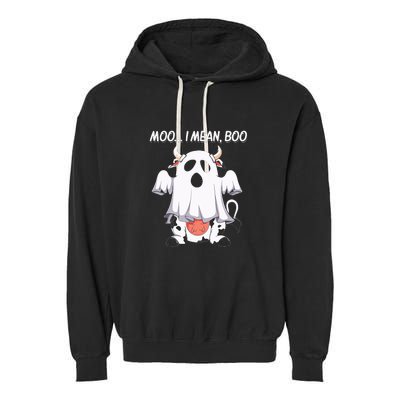 Moo I Mean Boo Ghost Cow Funny Halloween Garment-Dyed Fleece Hoodie